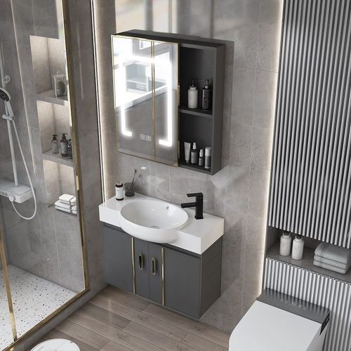 Small apartment space-saving aluminum bathroom cabinet set, small size narrow edge corner sink basin, balcony bathroom face basin