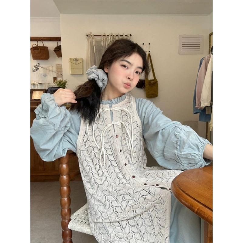 Реальный снимок в наличии. Новое платье-жилет на пуговицах в китайском стиле + свободное длинное платье с рюшами.