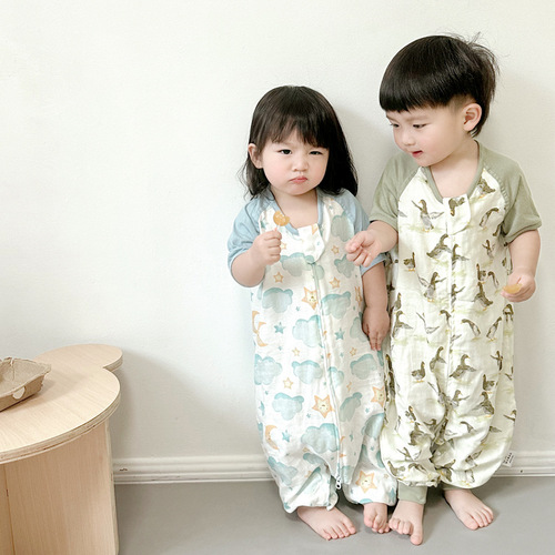 Redange short-sleeved baby pajamas, children's split-leg anti-kick quilt, double-layer bamboo cotton gauze baby sleeping bag for summer