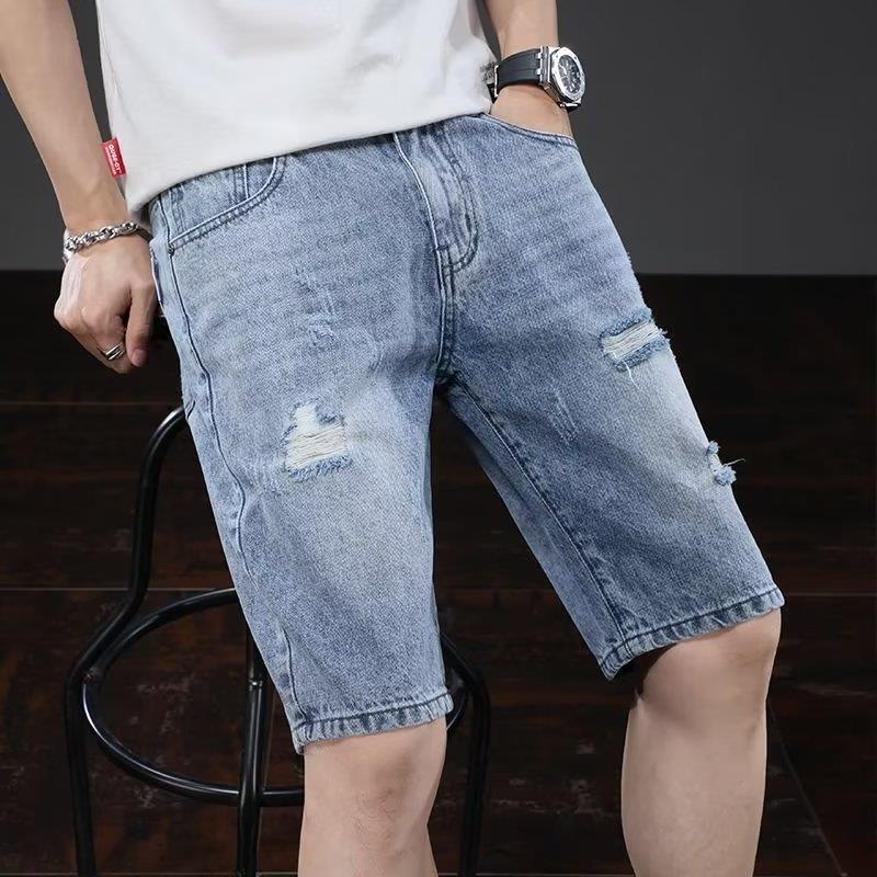 Men's Ripped Denim Shorts 2024 Summer Thin Trendy Brand Five-point Pants Casual All-match Slim-fit Straight Pants