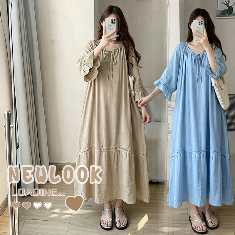 Skin-Friendly Cotton and Linen Maternity Dress with Lace Splicing and Ruffle Sleeves, Ramie Flowing Long Style, Plus Size Slimming Maternity Dress Skin-Friendly Cotton and Linen Maternity Dress with Lace Splicing and Ruffle Sleeves, Ramie Flowing Long Style, Plus Size Slimming Maternity Dress