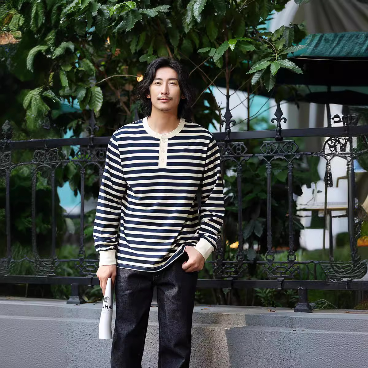 OKONKWO 230G pesado manga larga a rayas Henry cuello camiseta cubierta Sea Spirit camisa Henry camisa TEE