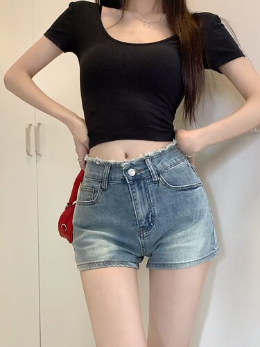 Women's New Summer Stretch Denim Shorts, Thin Fit, Large Size, High-Waisted, A-Line Straight Leg, Wide Leg Hot Pants