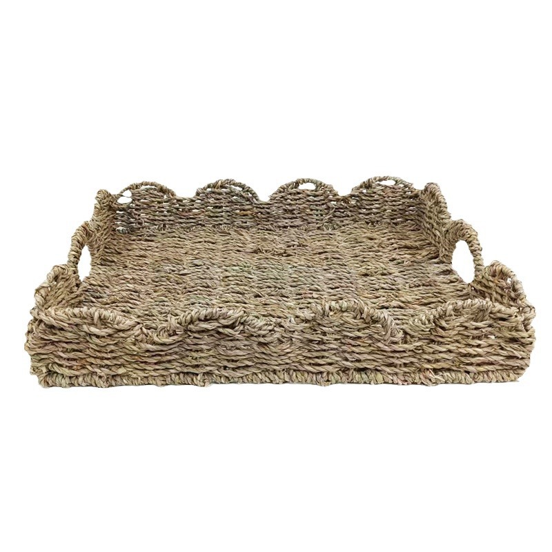 Linyi cuerda de paja pétalo bandeja redonda en forma de abanico con mango mesa de café de hierba de calabaza decoración plato de mesa de ratán de hierba de mar nuevo