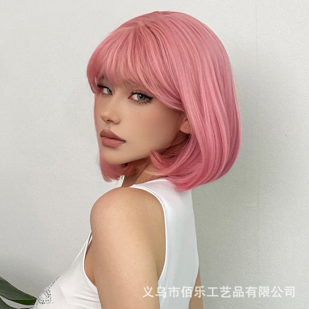 Sweet wind wig pink neat bangs short straight hair fashion high temperature silk manufacturers wholesale spot cosplay