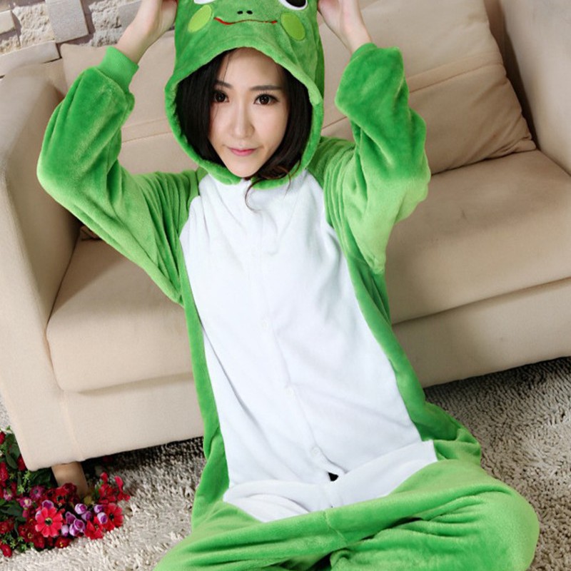 秋冬加厚法兰绒男女情侣长袖动物绿皮青蛙连体睡衣家居服居家休闲