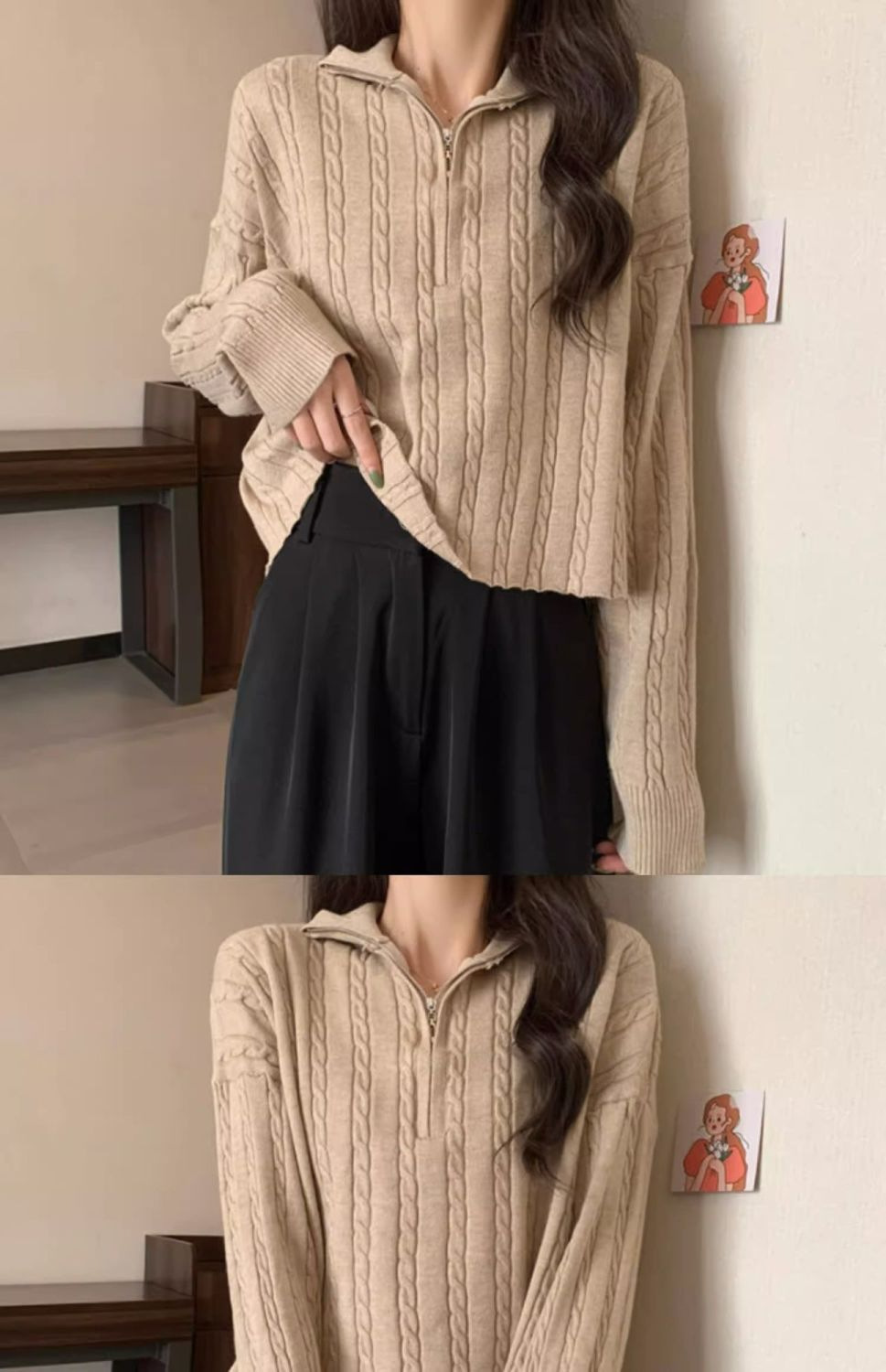 Maglione coreano a maniche lunghe con cerniera e scollo a V a mezza altezza, con fondo corto e piccolo, da donna, autunno_voghion.com