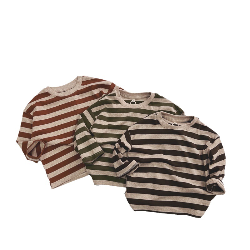Otoño 2024 niños de manga larga Camiseta de los niños de Corea del Sur rayas retro cuello redondo camisa de fondo suelto para niños y niñas