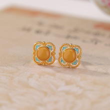 壹鹿银蜜蜡S925纯银镀金四方如意珐琅彩齿纹镂空敦煌风银耳钉爆款