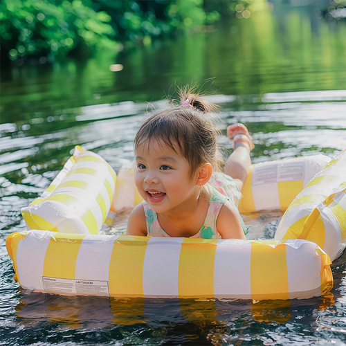Inflatable floatation raft with air-filled floating net bed, floating rings, floating lounge chairs, thick and foldable inflatable raft float bed