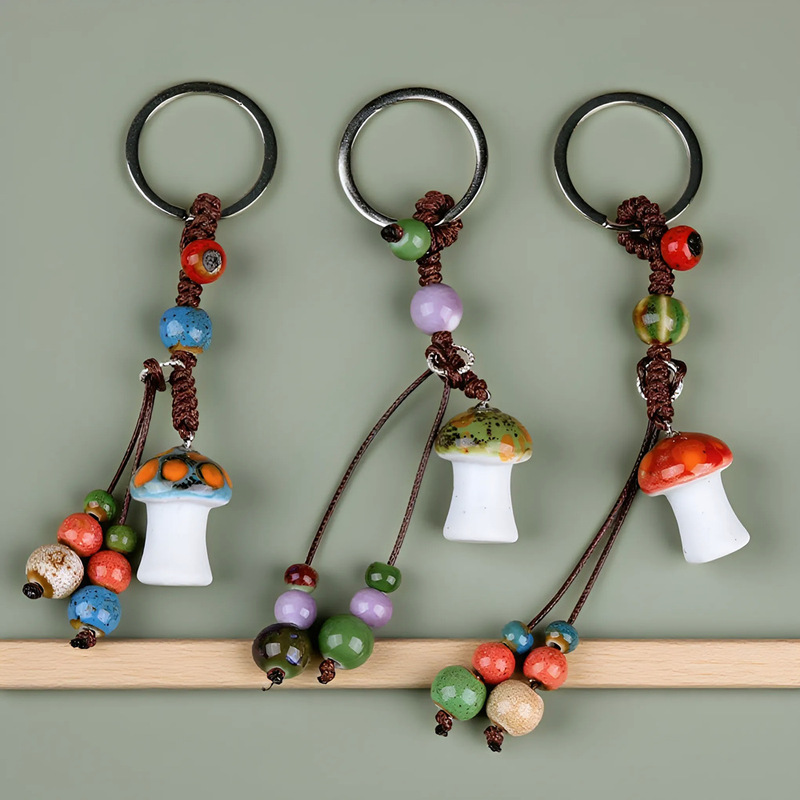 Jingdezhen Colorful Mushroom Keychain Ethnic Style Ceramic Bag Hanging Cute Literary Night Market Stall Accessories Wholesale