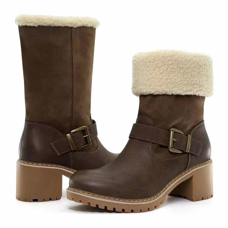 Women's Suede Ankle Boots With Buckle And High Thick Heels_voghion.com