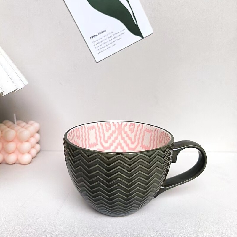 小清新北欧風陶磁器手描きカップオート麦牛乳コーヒーカップ模様彫刻カップ個性電子レンジ微瑕|undefined