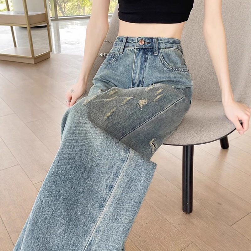 Ripped Wide-Leg Jeans for Women, High-Waisted, Spring and Summer Trendy, Versatile, New Loose, Hip-Covering, Slimming Straight Pants