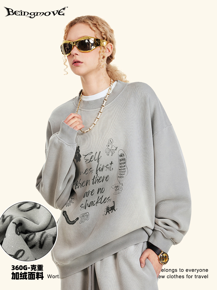 2025 otoño marca de moda americana spray caballo jersey original letras sueltas de cuello redondo top top camisa de fondo con camisa de terciopelo de moda masculina