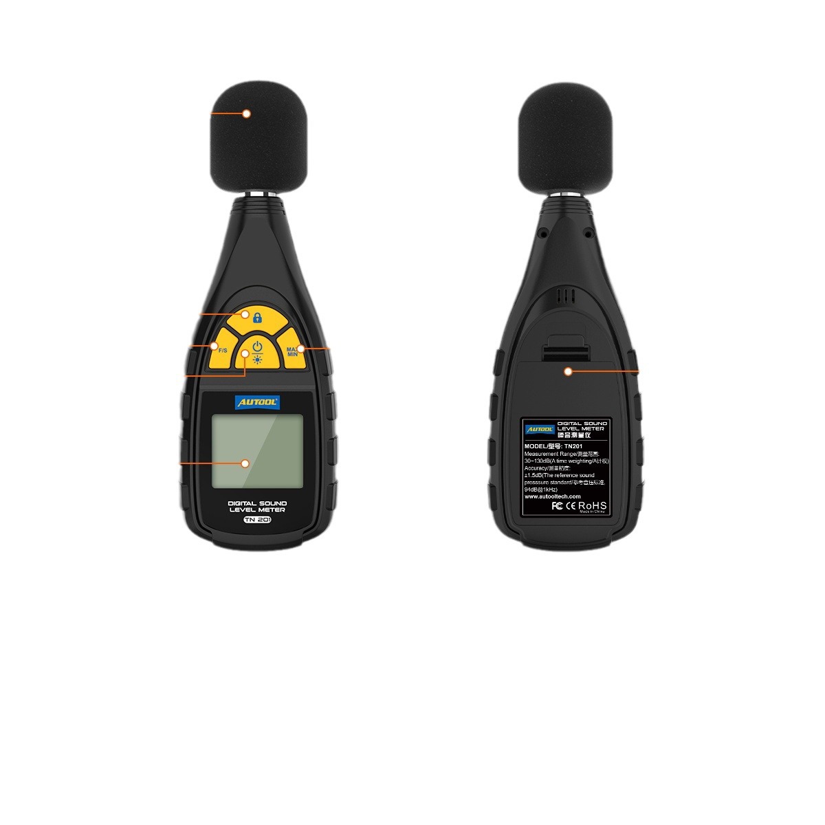 AUTOOL TN201 Instrumento de prueba de ruido automotriz Instrumento de medición de decibelios de ruido Detección de sonido en el hogar Medidor de ruido