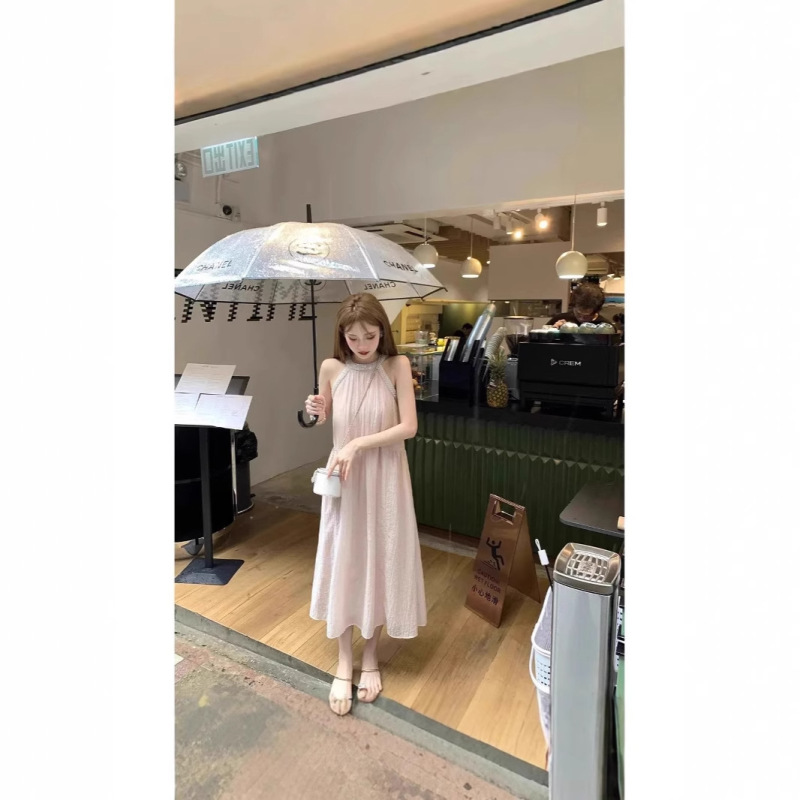 French-Style Halter Neck Princess Dress Long Gown Slimming Dress Pearl Evening Dress High-Waisted Slimming