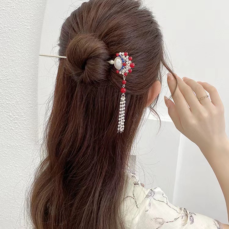 國潮新中式臉譜流蘇髮簪頭飾古風花旦漢服簪子氣質盤髮釵步搖髮飾
