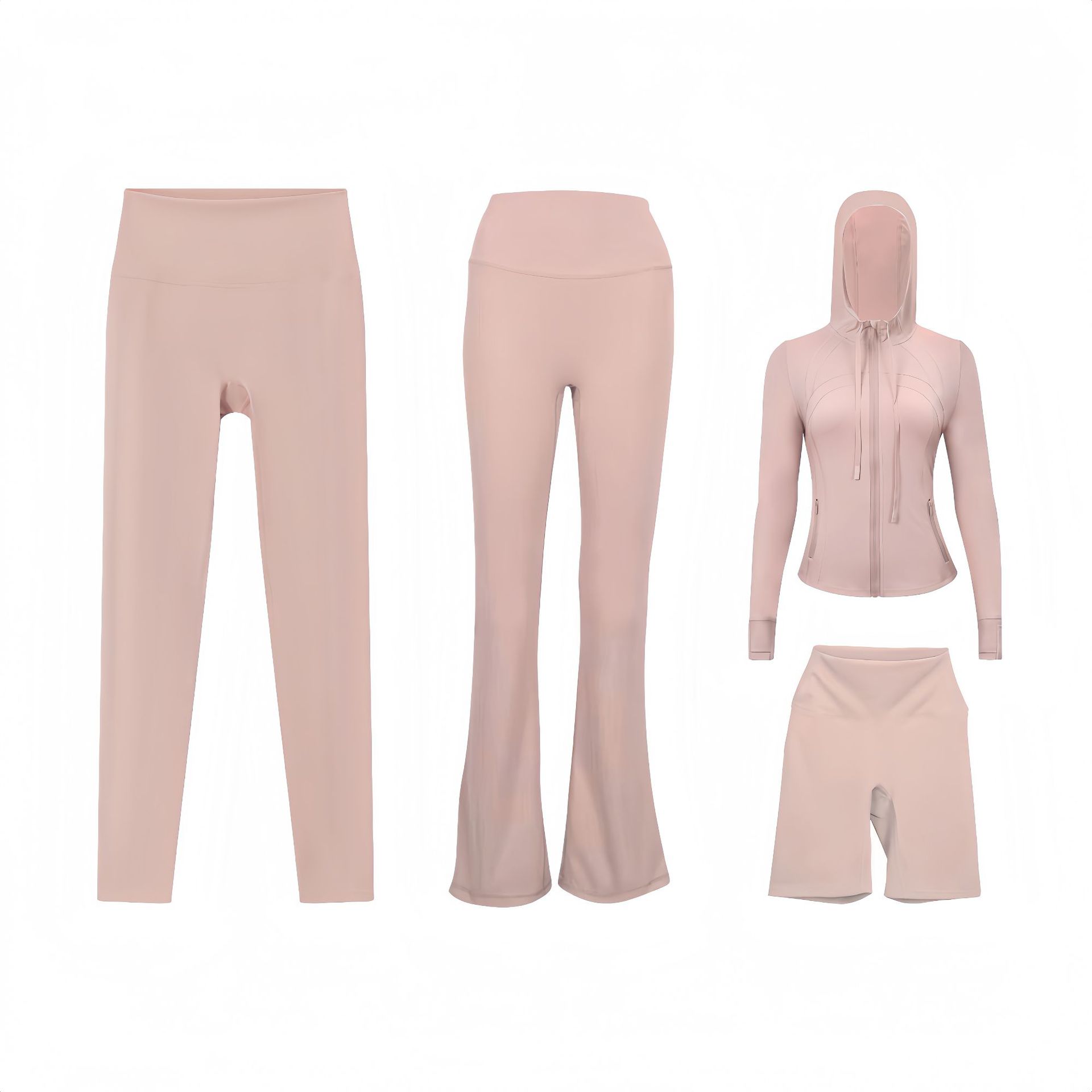 Dameskleding Vierdelige set: jasje met capuchon, flared broek, cropped broek, slim fit, elastische pasvorm, sportkleding. Op voorraad._voghion.com