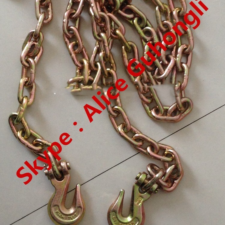 G70/G80级链条带钩子美式高强度链条彩锌黄锌链条两头配钩子