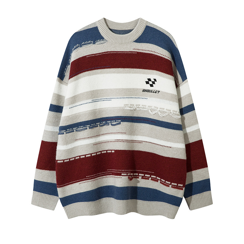 Herrenbekleidung Nationale Mode farbenfrohe Farbabstimmung Streifendesign Sinn lockerer Rundhalspullover Herrenmode brandneuer Pullover im faulen Stil_voghion.com