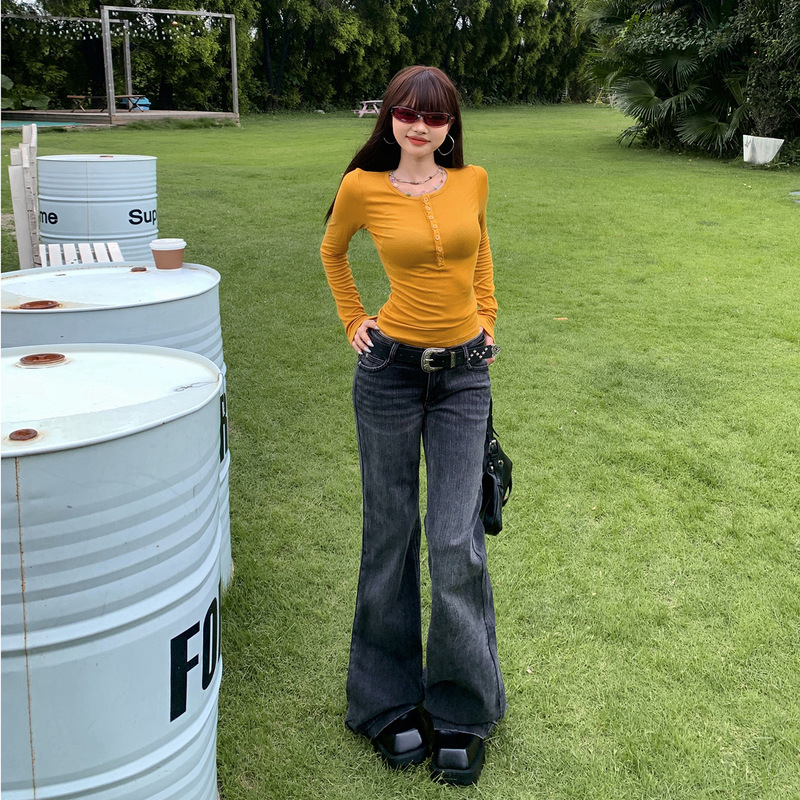 美式辣妹灰色微喇牛仔裤女2025年秋冬新款低腰弹力显瘦百搭喇叭裤|undefined
