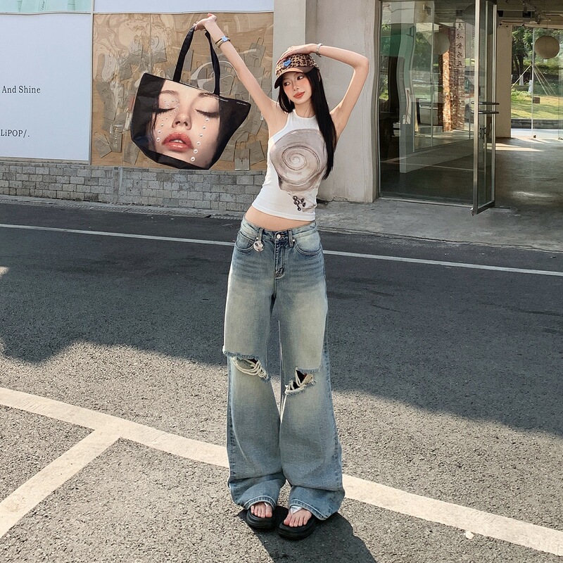 2026 Summer New Trendy Ripped Distressed Washed-Out Straight-Leg Casual Jeans Support Dropshipping