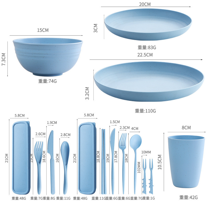跨境亚马逊小麦秸秆餐具套装黑色盘碗杯刀叉勺便携餐具碗碟盘套装|undefined
