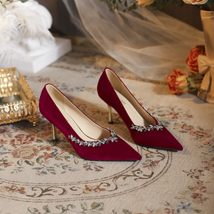 Rhinestone High Heels Xiuhe Wedding Dress Bridal Shoes 2025 Suede Red Shallow-veil Stiletto Heel Pointed Banquet Dress Shoes