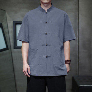 Chinese Style Summer Stand-Up Collar Cotton and Linen Short-Sleeved Tops Men's Tea Clothes Layman's Clothes Tai Chi Clothes Casual Tang Suit Short-Sleeved Shirts