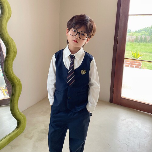Tongchenchenma girls' college style fake two-piece suit autumn children's boys' long-sleeved shirts, trousers and pleated skirts