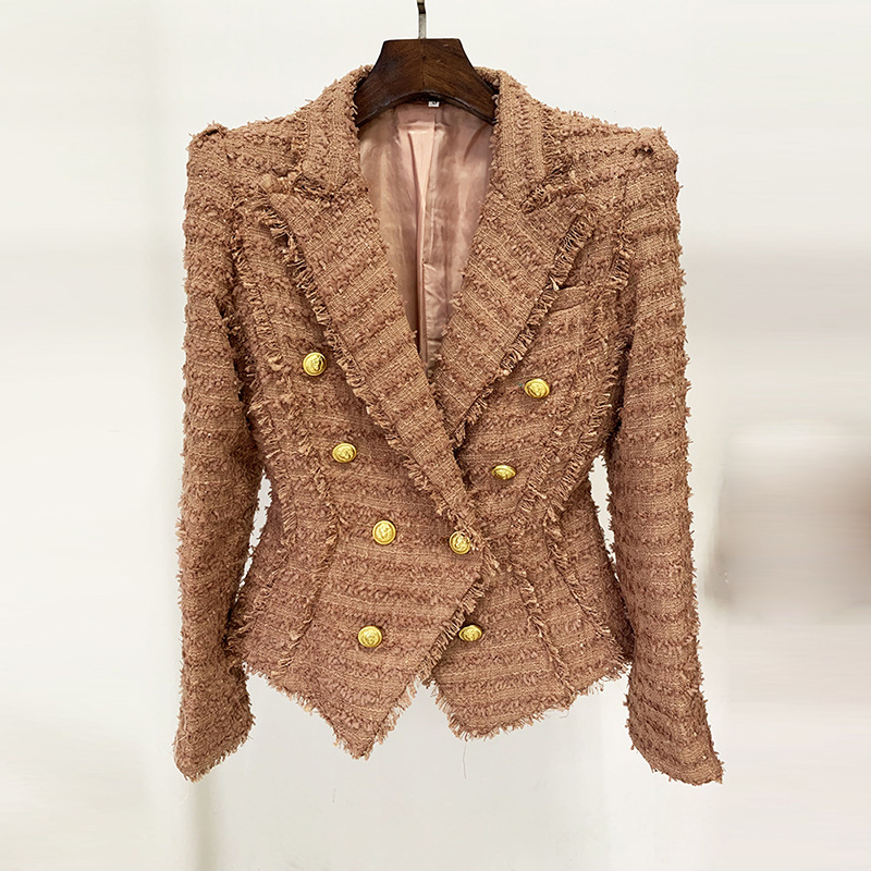 in stock 2024 autumn and winter new European and American fashion tassel tweed slim suit jacket powder brown