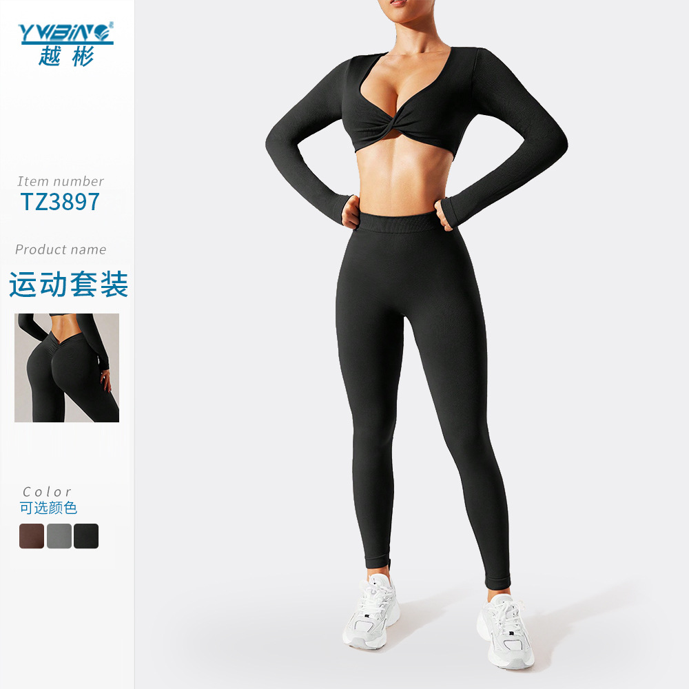 Deportes ropa de entrenamiento de yoga conjunto de dos piezas sexy apretado manga larga alto elástico de secado rápido al aire libre traje de correr desnudo sentido fitness