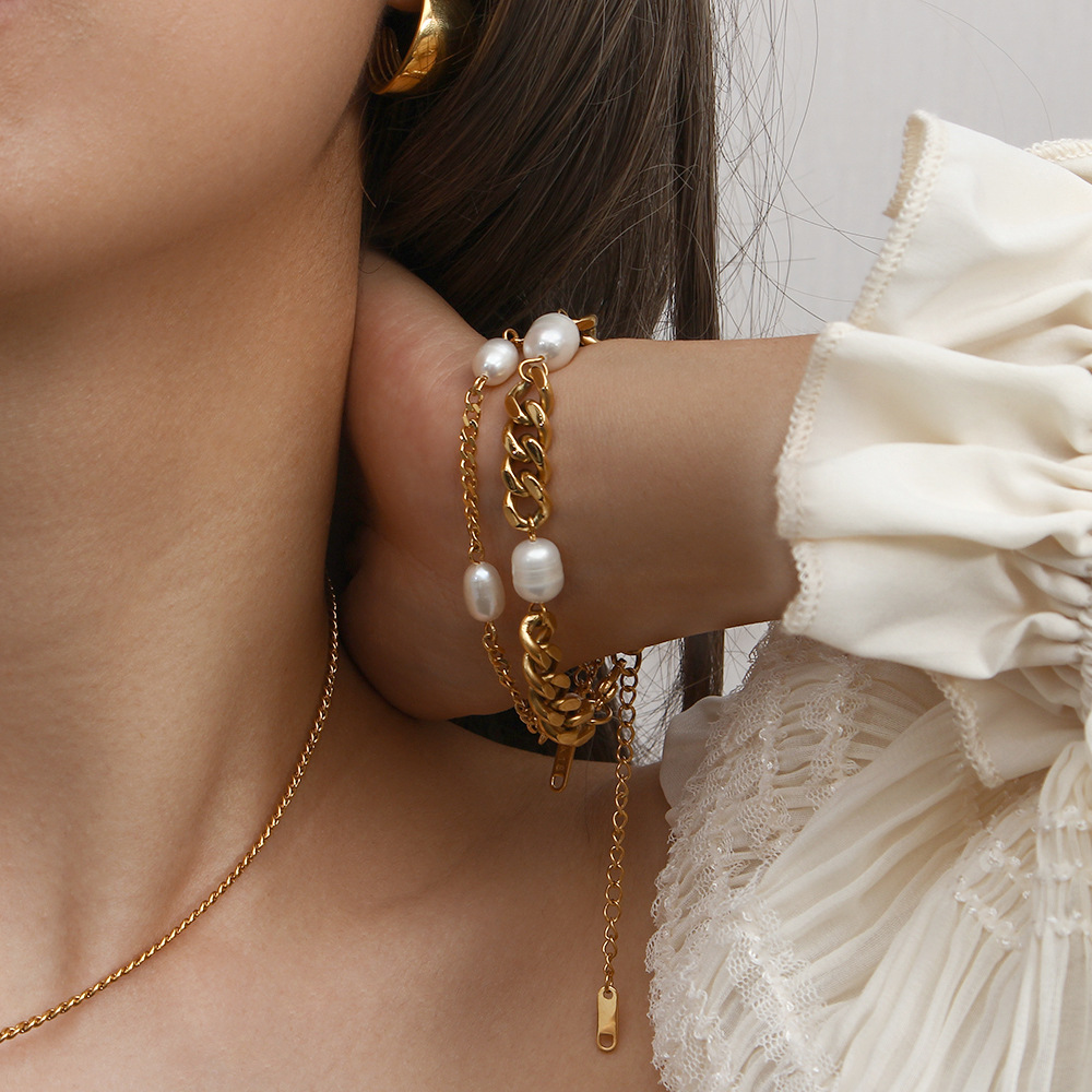 Pulsera de acero inoxidable de tres perlas con cadena de eslabones de Cuba para mujer de moda al por mayorpicture1