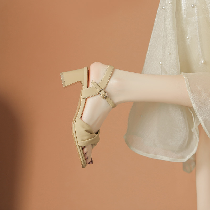 Sandal cao gót nữ quai ngang mũi vuông gót vuông kiểu Pháp — BL376 màu be