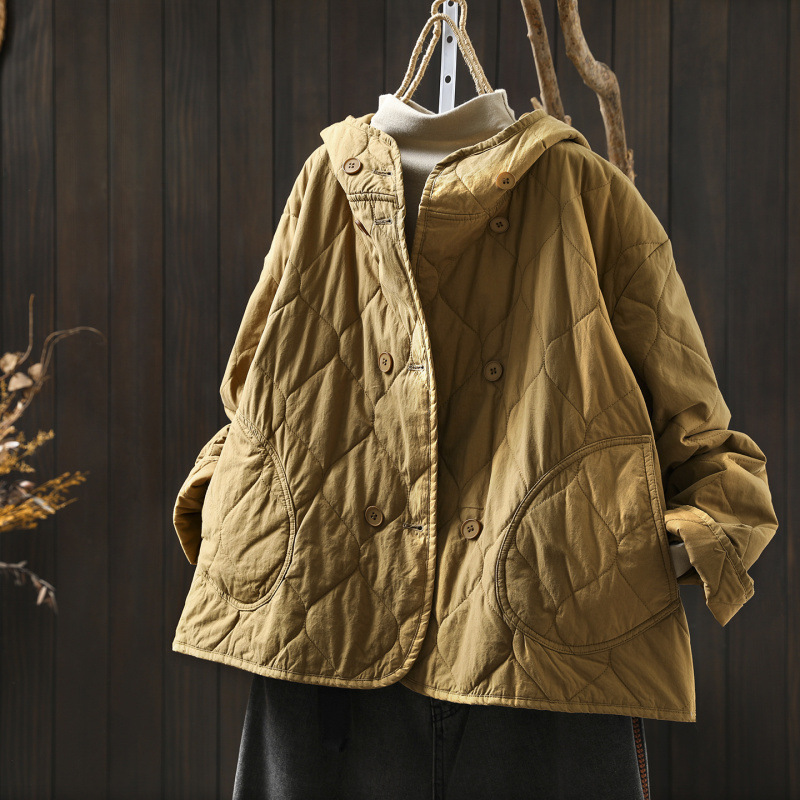 2025 Bojiafan Autumn and Winter New Hooded Cotton Jacket with Double Pockets, Solid Color, Fashionable Versatile Lightweight Quilted Stylish Coat
