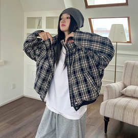 立领格子连帽短款棉服女装2025冬季小个子加厚面包服韩系棉衣外套