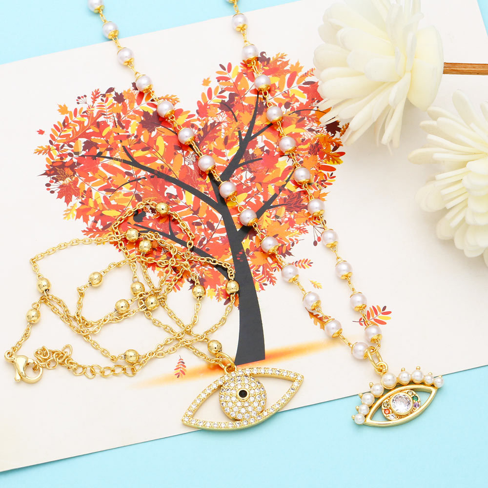 Fashion Eye Copper Inlay Artificial Pearls Zircon Pendant Necklace 1 Piece