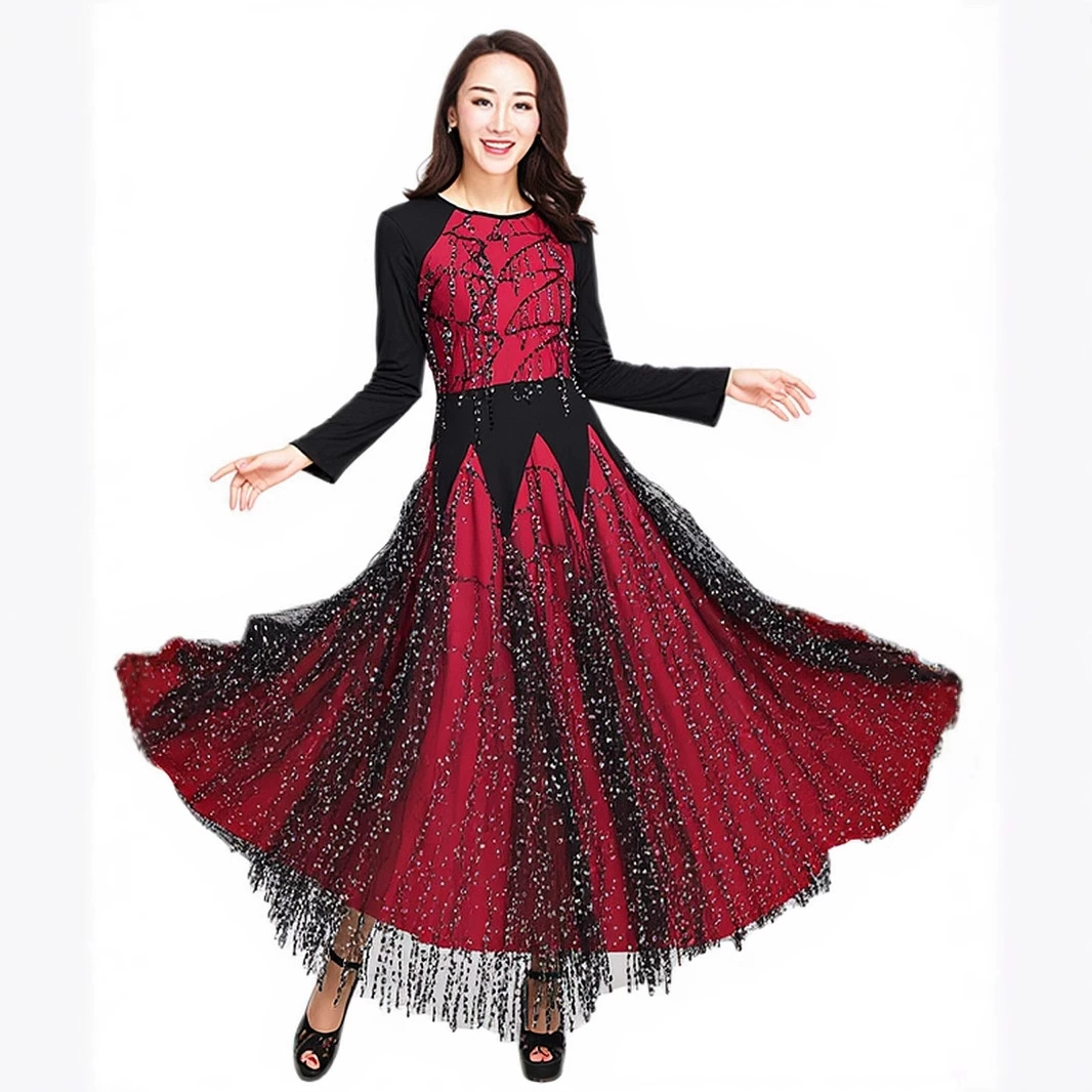 Платье с юбкой для современного танца, юбка с большим подолом, одежда для выступлений с длинными рукавами, одежда для выступлений в бальных танцах, современный танец