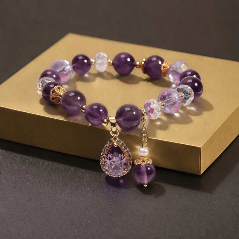 TikTok Live Hot Sale: Fortune-Bringing Imitation Amethyst Water Drop Pendant Bracelet for Women, Holiday Gift