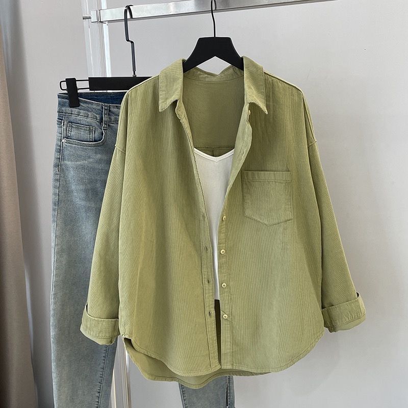 Green Mid-Length Corduroy Shirt for Women 2025 Spring New Thickened Pocket Shirt Jacket Cardigan Green