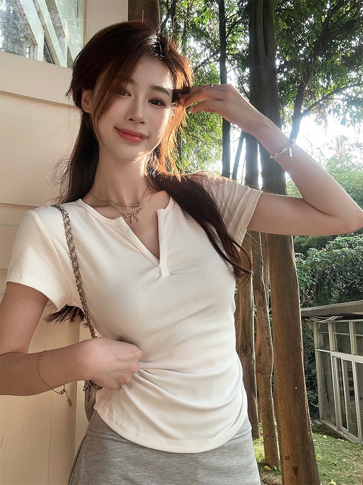 夏季韩系chic简约纯色修身显瘦短款上衣辣妹半开领正肩短袖T恤女