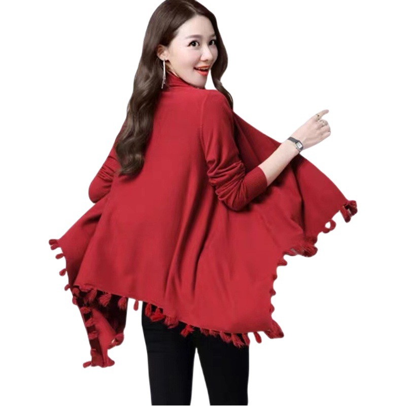 Popular europeo y americano nuevo punto cardigan mujeres de mediados de longitud de la borla Batwing camisa exterior chal capa