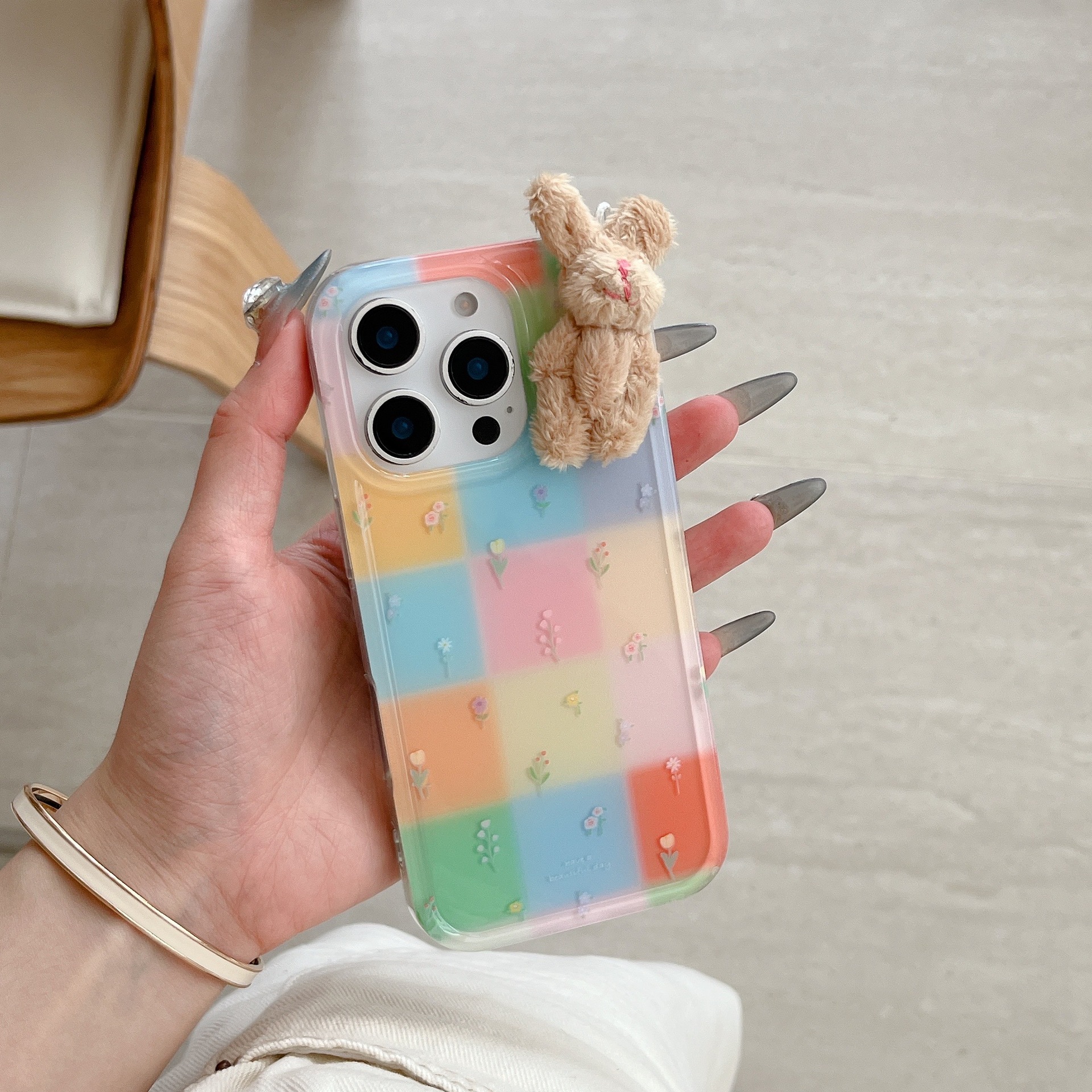 Costuras florales de rejilla de color personalizadas para Apple 16ProMax funda para teléfono móvil 15Pro Rabbit 14/13 Verano 15PM