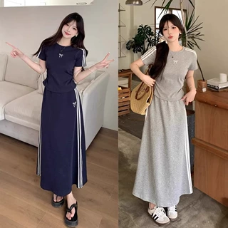 休闲慵懒夏季运动三条杠T恤时尚中长半身裙短袖两件套装高腰显瘦