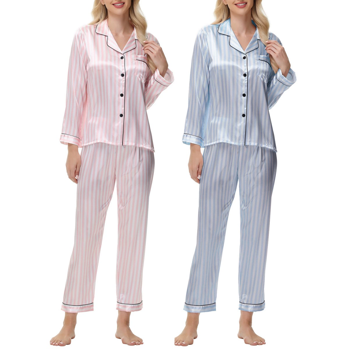 Трансграничная амазонка независимых станций с принтом в полоску ледяной шелк пижамы с длинными рукавами шелковая женская домашняя одежда
