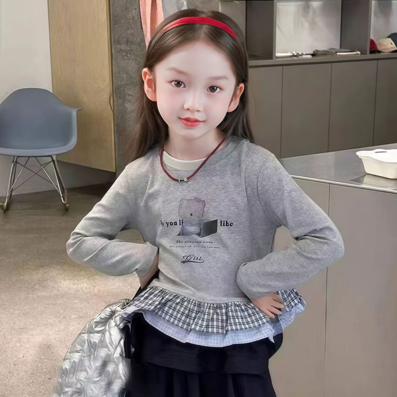 儿童秋款长袖打底衫 女童棉质可爱上衣宝宝休闲格子下摆设计款T恤|undefined
