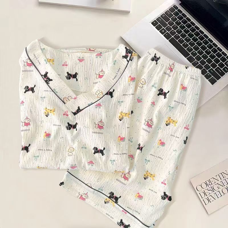 Nuevo estilo caliente de Vietnam pijamas de algodón con nubes con cuello en V para mujer pantalones cortos de verano de manga corta con bordado dulce y simple servicio a domicilio
