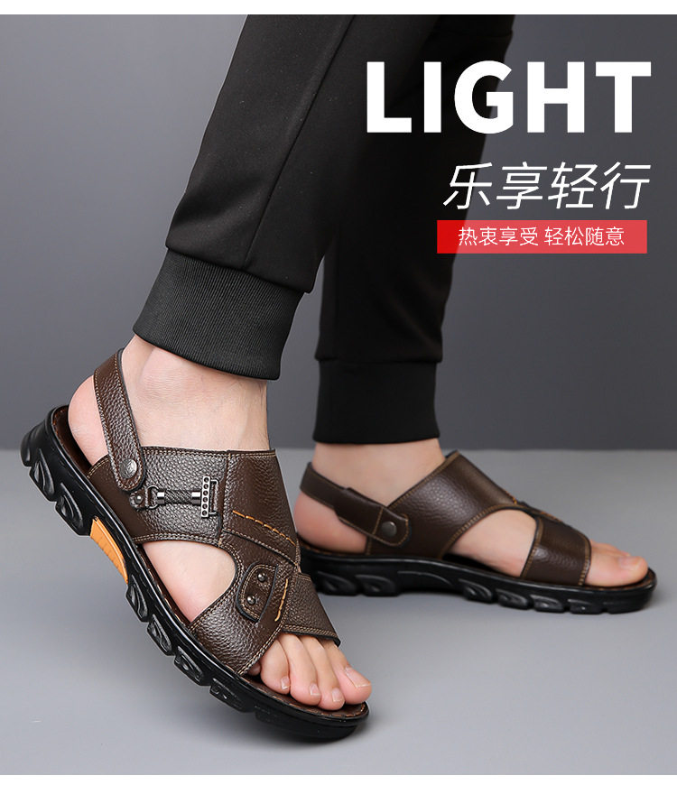 Dép sandal nam da bò thật quai ngang hở mũi, đế mềm chống trượt, đi biển và đi ngoài trời — GX màu nâu 23088, GX đen 23088 chi tiết 8