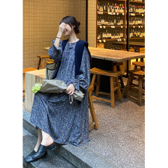 碎花连衣裙2025秋新款女装女宽松韩版遮肚子显瘦系带裙子中长款